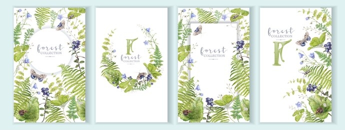 watercolor highly detailed frames set with forest plants, bell flowers and butterfly isolated on white background. botanical illustration can be used for cosmetics, spa, wedding, greeting design