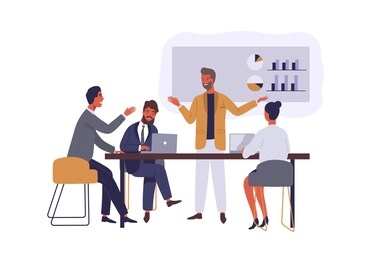 business conference flat vector illustration. boss and employees discussing project isolated cartoon characters on white background. manager presenting company financial report. brainstorming team.