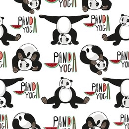 seamless pattern with panda doing different yoga poses on a white background with lettering and slices of watermelon.