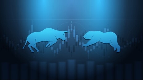 abstract financial chart with bulls and bear in stock market on blue color background