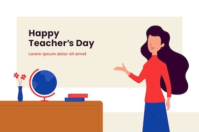 happy teacher's day background poster template. long hair woman teacher with explain gesture hand vector illustration in front of the class room scene. simple flat color graphic design
