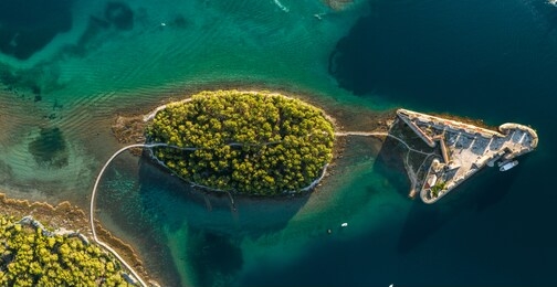 large printable aerial top down shot of st. nicholas fortress and an island 