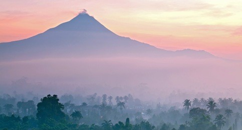 sunrise mountain landscape of mount merapi volcano from borobudur yogyakarta indonesia