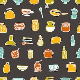 kitchen utensils hand drawn vector seamless pattern. saucepan, bottle, teapot and mixer on white background. kitchen tools. cutlery and kitchenware cartoon wrapping paper, wallpaper, textile design