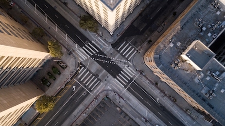 aerial view looking straight down on to los angeles' city streets.