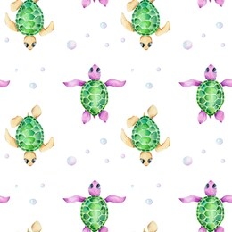 watercolor seamless pattern with cute cartoon sea turtles with blue eyes and blue bubbles; hand draw children illustration; with white isolated background