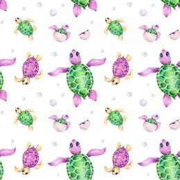 watercolor seamless pattern with cute cartoon sea turtles with blue eyes and blue bubbles; hand draw children illustration; with white isolated background