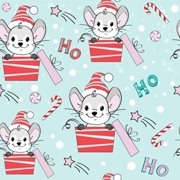 beautiful christmas mouse sitting in a box on a blue background seamless pattern. symbol of 2020