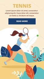 girl tennis player wearing vr glasses beat ball with racket. woman training, preparing for competition summer sports activity, informational poster cartoon flat vector illustration, vertical banner