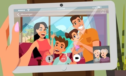 calling relatives from seaside resort illustration. young parents with teenager son, toddler daughter making video call to grandparents. using modern communications technologies, online telephony