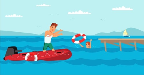 lifeguard saving child flat vector illustration. lifesaver on boat inflatable ring buoy to swimmer cartoon characters. lifeguard rescue equipment. beach emergency rescue. male rescuer on duty
