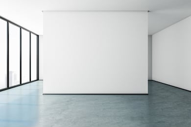 modern gallery with city view and empty poster on concrete wall. museum concept. mock up, 3d rendering 