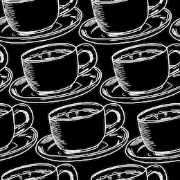 hand draw seamless pattern. cup of coffee, tea time. vector illustration. black background.