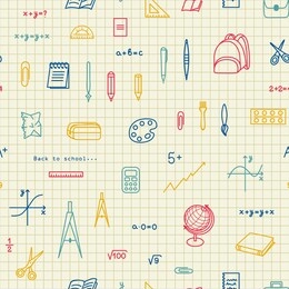 school, office seamless pattern for web pages, mobile applications. stationery items: notebook, pen, numbers, graph, cell.