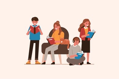 young people reading together. group of male and female students with open books in hands. man and woman characters study in library. education concept. flat cartoon vector illustration isolated.