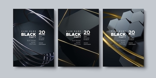 electronic music festival. modern posters design. black party invitation. abstract background. black, golden and silver geometric shapes. vector illustration. club invitation template.