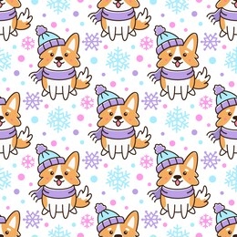 seamless pattern with сute dog breed welsh corgi in hat and scarf with snowflakes, on white background. excellent design for packaging, wrapping paper, textile etc.