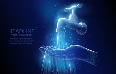 polygonal illustration concept of a water tap and hand on a deep blue background, a symbol of ecology, and environmental protection, respect for water resources.