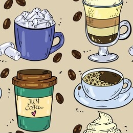 seamless vector pattern with coffee, latte and espresso on brown background. wallpaper, fabric and textile design. wrapping paper pattern with coffee. good for printing.