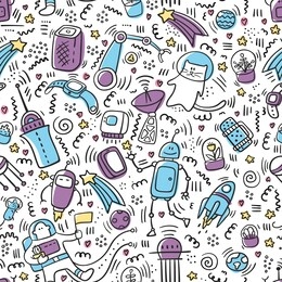 seamless pattern space doodle color. robot and technic doodles. future concept with astronaut, planets,spaceships, stars, planets, robots, plants, cat. universe concept. astronaut doodle. set of space