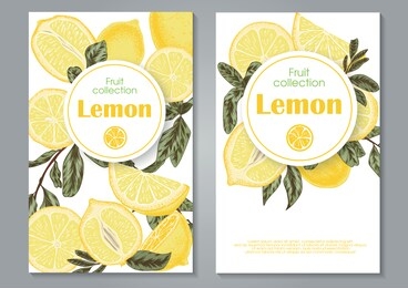 wedding invitation card with hand drawn lemons yellow and lemon with green leaves on white background