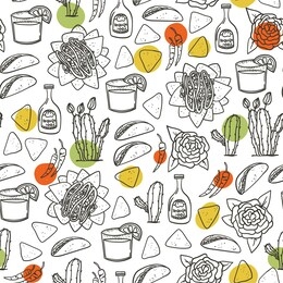 mexican food seamless pattern hand drawn doodle style background with taco, nachos, tequila, margarita, red hot pepper, cactus for textile, wallpaper, wrapping paper etc. stock vector