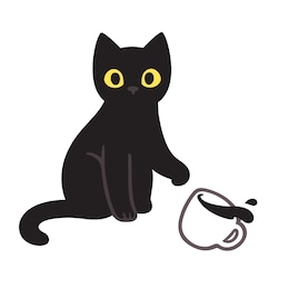 cute black kitten throwing coffee cup off table. funny cat breaking things comic illustration, cartoon vector drawing.