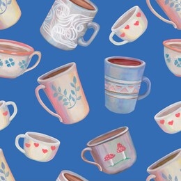 wallpaper with cute mugs in pastel colors. beautiful delicate seamless pattern. cozy cups on blue background. acrylic painting. for design wrapping paper, postcard, scrapbooking and more.