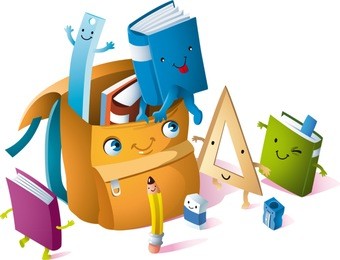 a backpack animated books pencils and notebooks are animated to him to be brought to school.