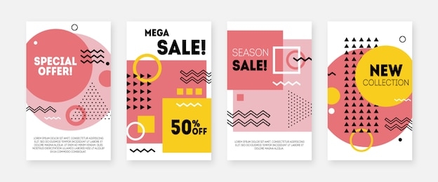 geometric concept design for sale banners. memphis style discount offer. modern promotion template