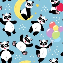 seamless pattern сartoon vector panda in hand drawn style. texture black and white bear, animal for children's and kids books, print, poster, stickers, fabric, wrapping paper.
