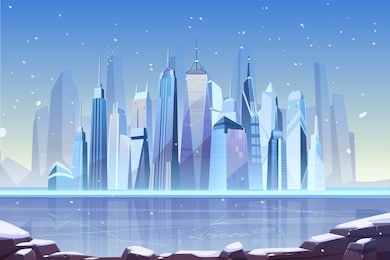 snowfall in modern city cartoon vector with futuristic skyscrapers on frozen river shore illustration. winter holidays season in metropolis, climate changes, cold and frosty weather concept background