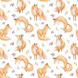 autumn fox. hand painted watercolor seamless pattern with fox, on white background.