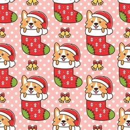 seamless pattern with funny dog breed welsh corgi as a gift in christmas sock, on pink background. excellent design for packaging, wrapping paper, textile etc.