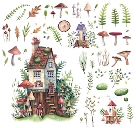 set of watercolor illustrations with forest houses, plants, mushrooms, berries, leaves. illustration for postcards, books or paintings.