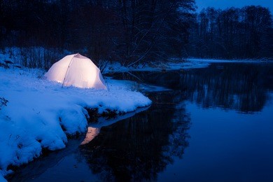 camping in the winter at the lake