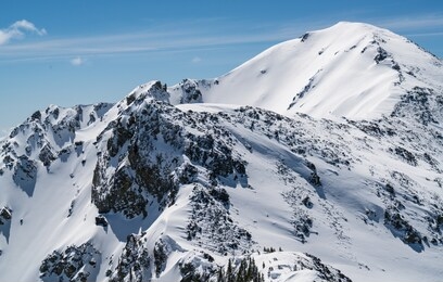 extreme terrain above european style mountain in the winter of the southwest. snow covered southern rocky mountains high in the sangre de christo mountain range near taos , new mexico.