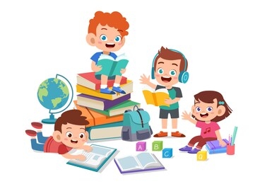 happy kids read book and study together