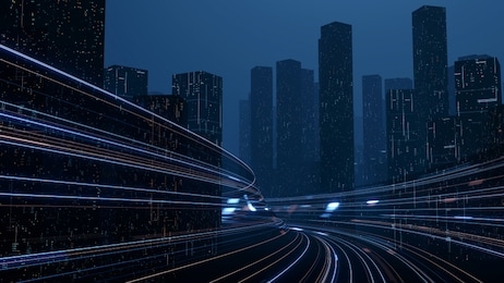 3d rendering of warp speed in hyper loop with blur light from buildings' lights in mega city at night. concept of next generation technology, fin tech, big data, 5g fast network, machine learning