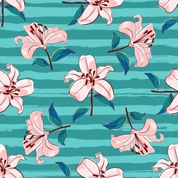 lilies flowers seamless pattern. blooming pink lilies on a turquoise striped background. stylization of watercolors, vector floral pattern