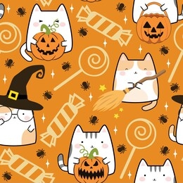 seamless pattern in kawaii cute cat style for halloween. cartoon animals background, vector illustration