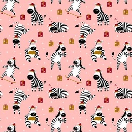 christmas seamless pattern with cute zebras and present boxes on pink background. flat vector illustration.
