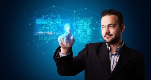 man accessing modern hologram personal database with fingerprint identification
