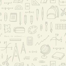 school, office seamless pattern for web pages, mobile applications. stationery items: notebook, pen, numbers, graph, cell.