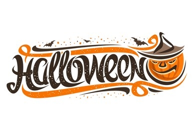 greeting card for halloween holiday, decorative flyer for autumn sale with cartoon eerie jack-o-lantern and flying bats, original brush typeface for writing word halloween on white background.