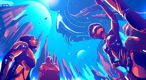 a futuristic illustration in vector of future metropolis on a far away planet. human colonization, high technology, science fiction illustration.