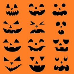 seamless pattern of scary faces pumpkins. funny wallpaper for textile and fabric. fashion style. colorful bright design.
