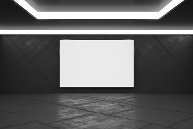 blank white poster in monochrome style empty exhibition hall with concrete floor, mock up. 3d rendering
