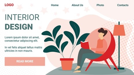 interior design horizontal banner. young man sitting in modern comfortable egg shaped armchair reading book in living room at home, leisure, weekend spare time, hobby cartoon flat vector illustration