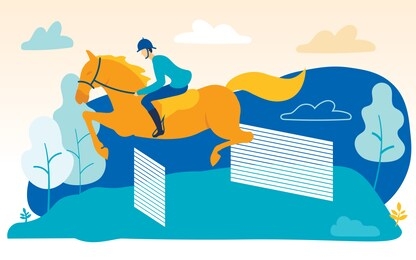 man on horse skips over barriers. horseback riding. vector illustration. people on farm. horses at farm. equestrian sport. man caring for horse. rider overcomes barriers on background trees.